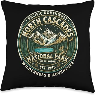 North Cascades National Park Washington Retro Badge Design Throw Pillow