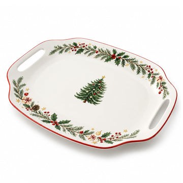DOWAN Ceramic Serving Platter, 16.5 Inch Rectangular with Handles, White Christmas