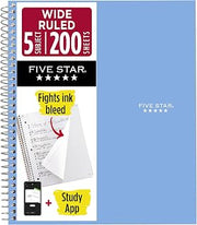 Five Star Spiral Notebook + Study App, 5 Subject, Wide Ruled Paper, 8" x 10-1/2", 200 Sheets, Fights Ink Bleed, Water Resistant Cover, Tidewater Blue (73196)