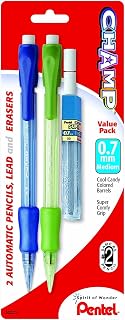 Pentel Champ Mechanical Pencil with Lead and 2 Erasers, (0.7mm), Assorted Barrels, Barrel Color May Vary, 2 Pack (AL17LEBP2)