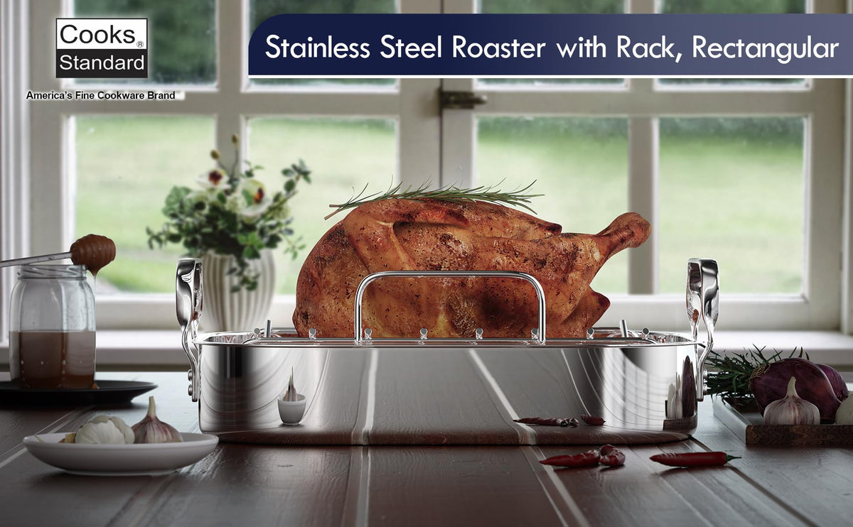 Cooks Standard Classic Stainless Steel Roaster Pan with Rack, 16 x 13 Inch, Silver