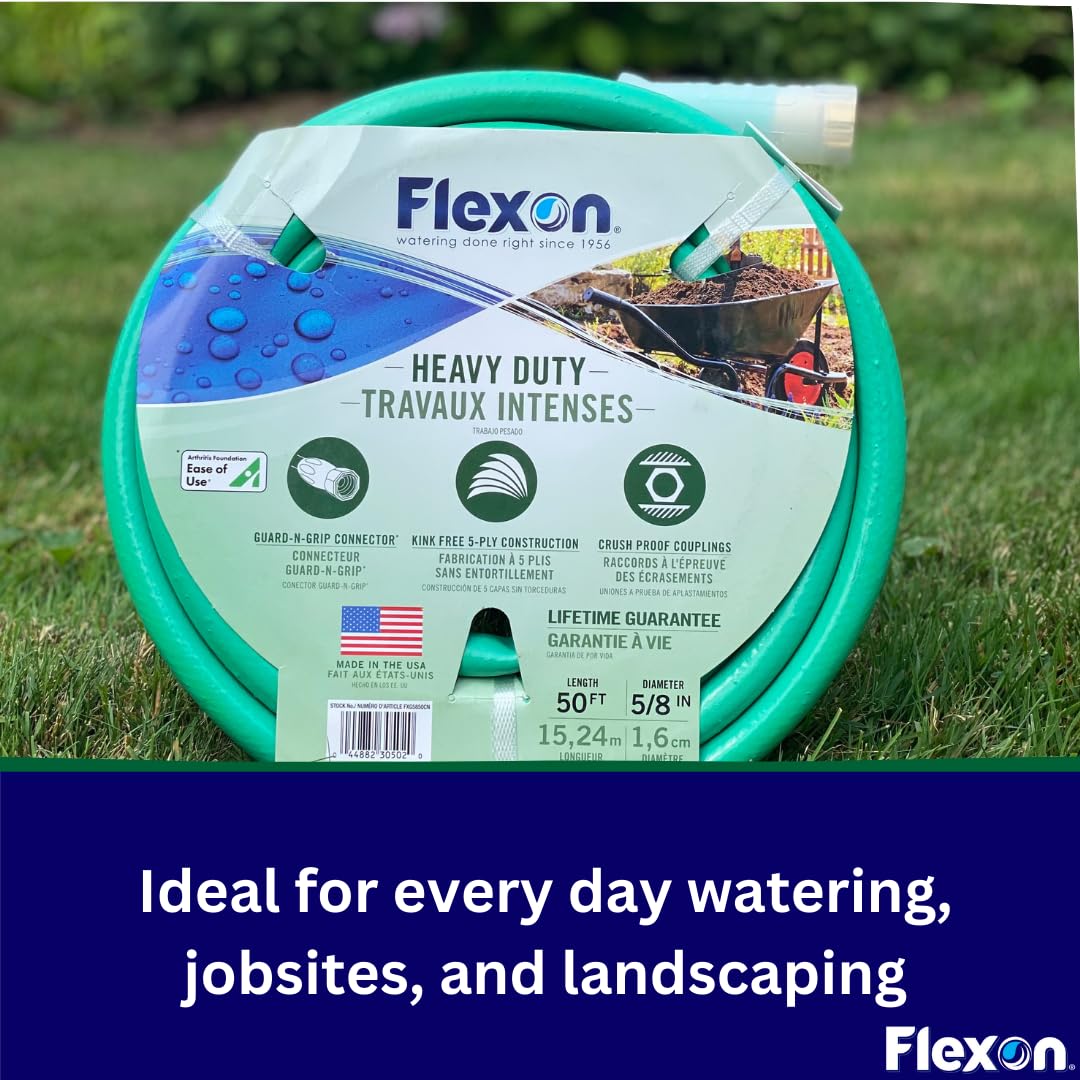 5/8-Inch x 50-Foot Heavy Duty 5-Ply Garden Hose by Flexon – 50 FT, Polyvinyl Chloride (PVC), Green, Model FXG5850CNEC