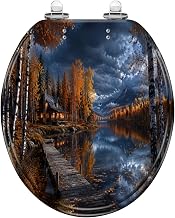 Round Fall Autumn Lakeside Cabin Wooden Dock Mountain Toilet Seat