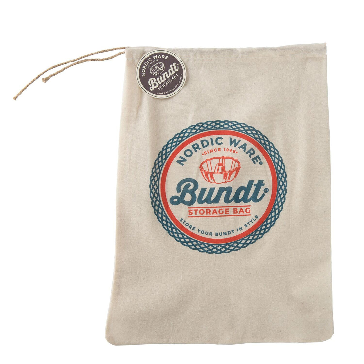 Bundt® Pan Storage Bag by Nordic Ware – One Size, 100% white cotton with single unknotted jute drawstring, Model 01128SLT