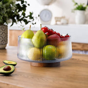 NiHome Glass Salad Bowl, Extra Large with Acacia Wood Base and Utensils, Transparent