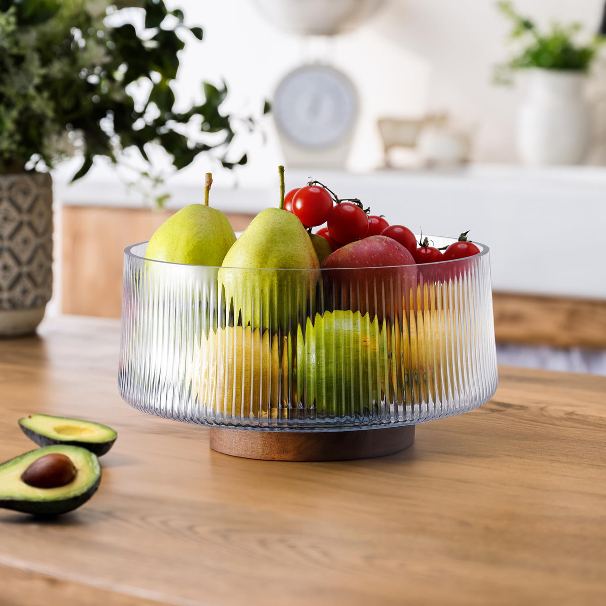 NiHome Glass Salad Bowl, Extra Large with Acacia Wood Base and Utensils, Transparent