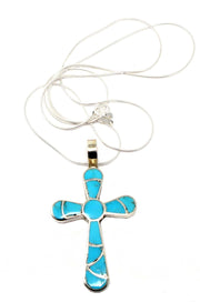 Channel Inlay Turquoise Cross Pendant by Johnson by L7 Trading – Sterling Silver, Model 43390-141456
