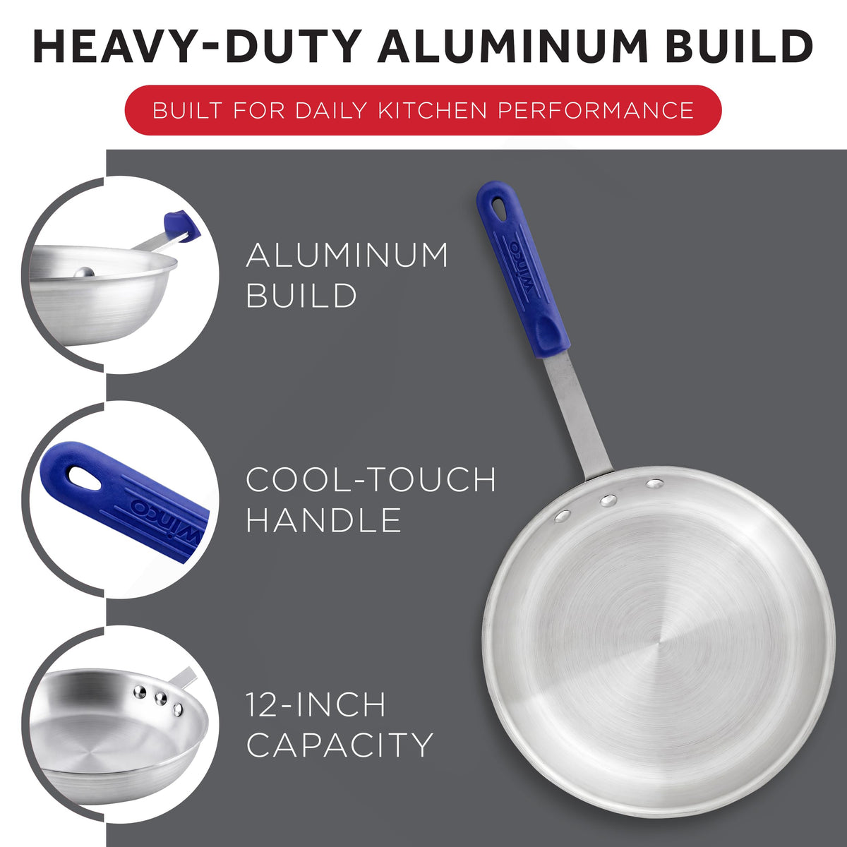 12" Aluminium Fry Pan with Cool Touch Handle by Winco – 12 Inch, 12.0 inches, Aluminum, Model AFP-12A-H