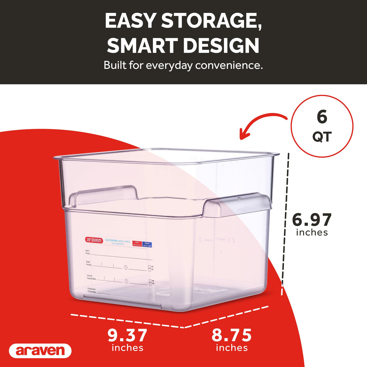 Polycarbonate Square Food Container by Araven – 1.59 cubic_feet, Polycarbonate (PC), Clear, Pack of 6, Model 91902