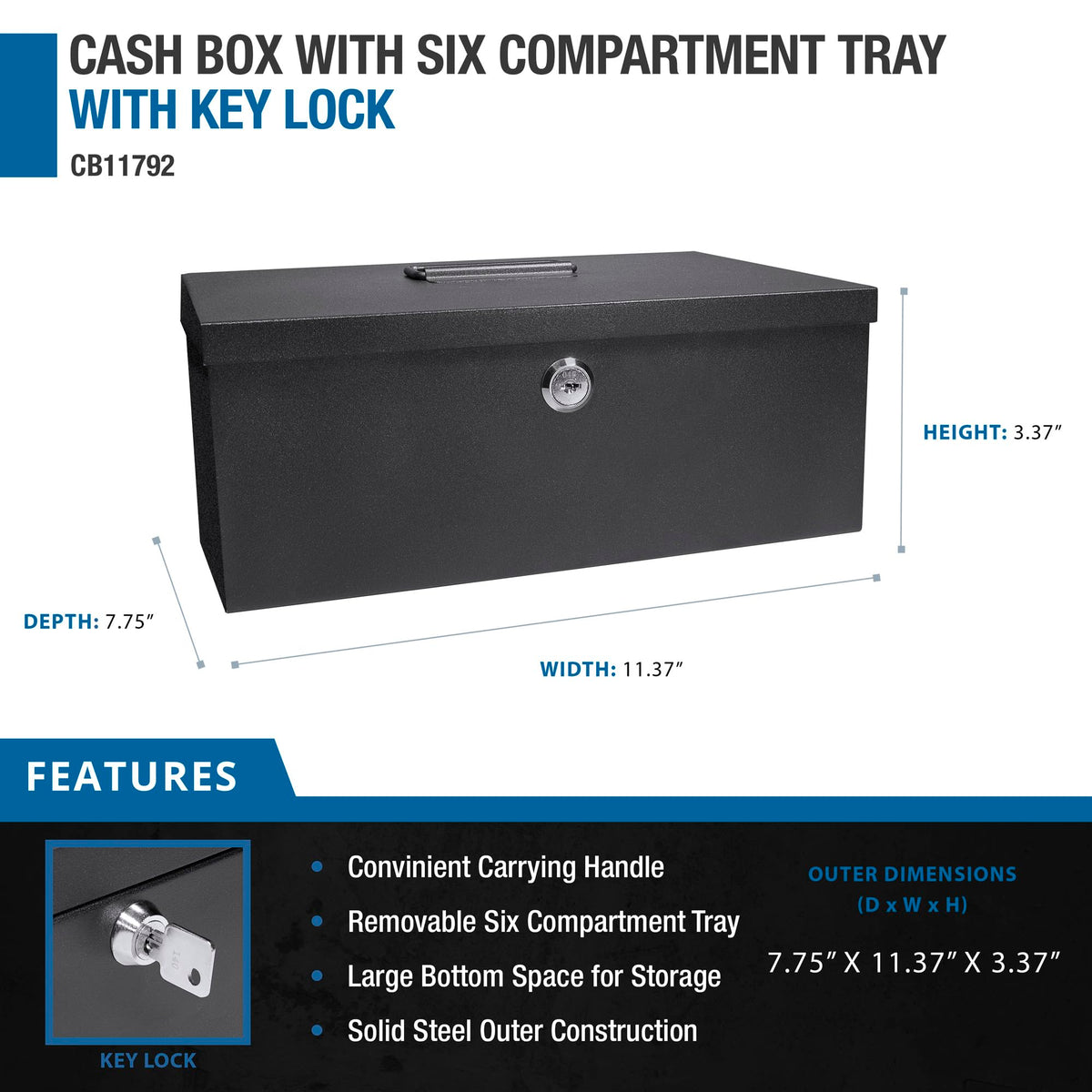 12-Inch Cash Box and 6 Compartment Tray with Key Lock by Barska – 12 Inch, 121.125 cubic_inches, Alloy Steel, Black, Model CB11792