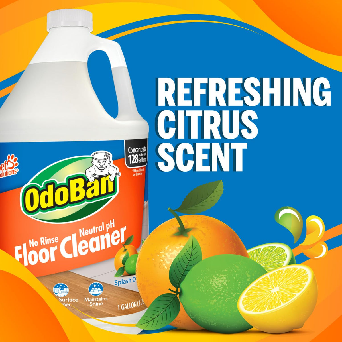 Pet Solutions No Rinse Neutral pH Floor Cleaner Concentrate by OdoBan – 128 Fl Oz (Pack of 2), Clear, Pack of 2, Model 361B61