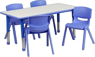 Flash Furniture Emmy 23.625''W x 47.25''L Rectangular Blue Plastic Height Adjustable Activity Table Set with 4 Chairs | Adjustable Height Table, Plastic, Durable Construction, Commercial Use