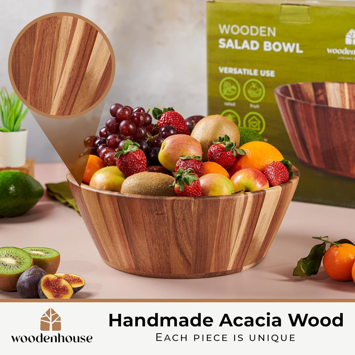 Woodenhouse Handcrafted Wooden Salad Bowl, 12 Inch, Round