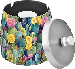 Watercolor Cactus Splash Ashtray with Lid, Outdoor Ashtrays for Patio