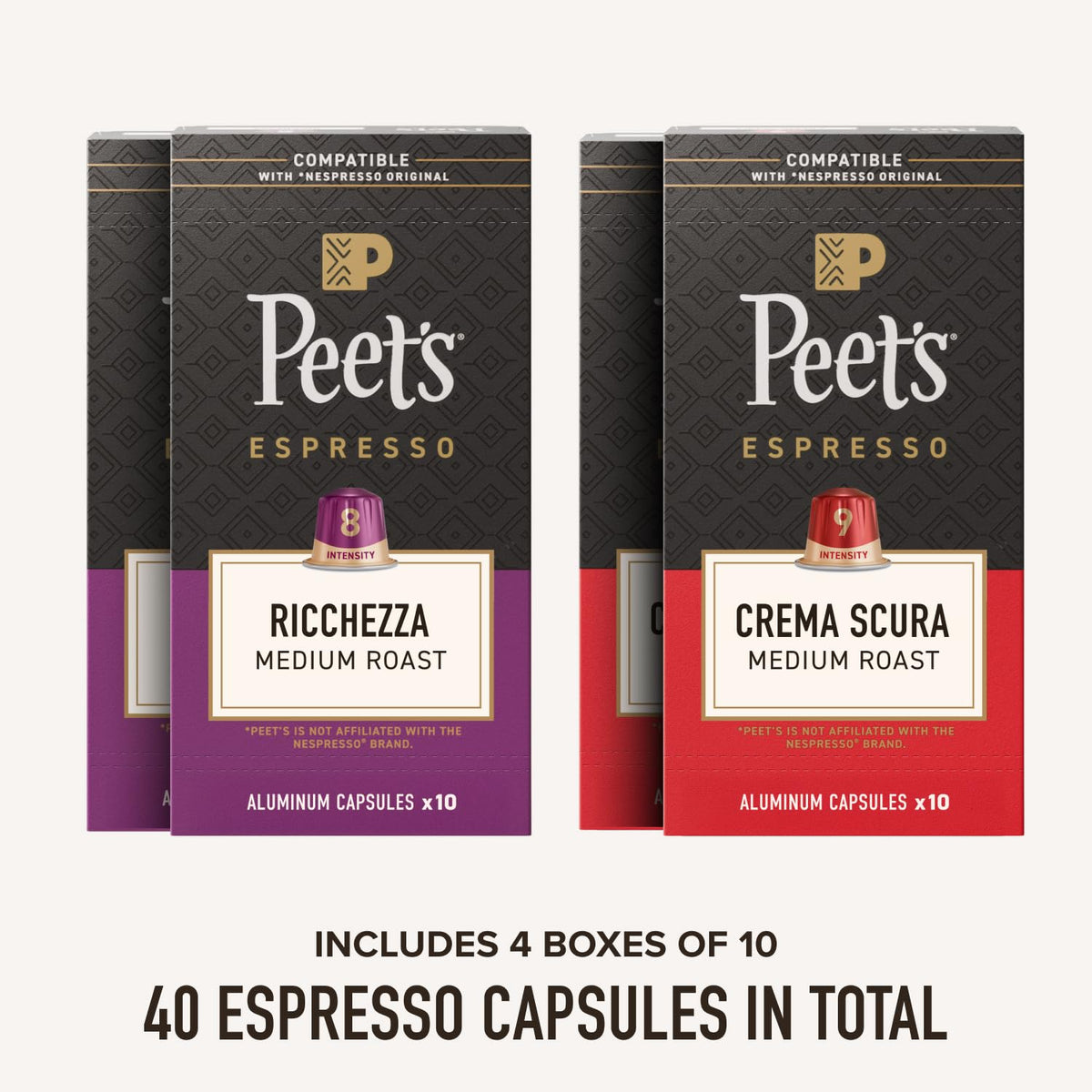 Peet's Coffee Medium Roast Variety Pack / 10 Count (Pack of 4) / Medium Roast Variety Pack - 40 Capsules Single-Serve Capsules & Pods