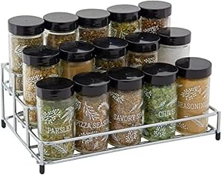 Kamenstein 15 Jar Lincoln Countertop Spice Rack with Spices Included, FREE Spice Refills for 5 Years, Chrome with Black Caps