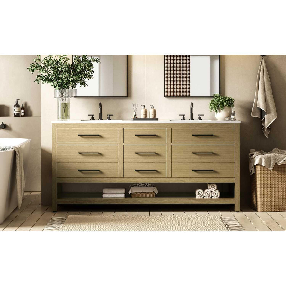 Elegant Kitchen and Bath 72" Double Bathroom Vanity in Honey Brown by karson – Wood, Honey Brown, Model VF60572DMHB