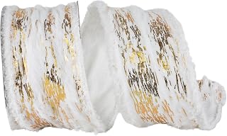 Reliant Ribbon Furry Snow Cavern Metallic Frizette Wired Edge, White/Gold, 2-1/2 Inch, 10 Yards