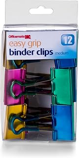 Officemate Easy Grip Medium Binder Clips, Assorted Metallic Colors, 12 Pack (31054)