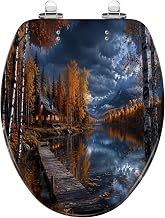 Elongated Fall Autumn Lakeside Cabin Wooden Dock Mountain Toilet Seat