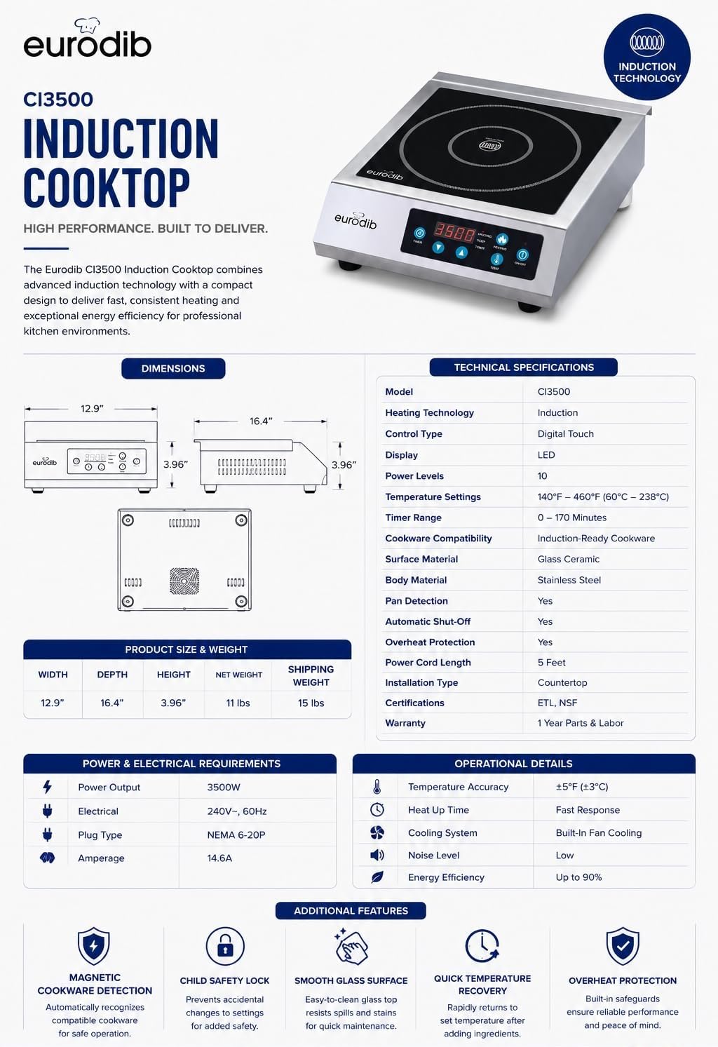Commercial Induction Cooktop by Eurodib – Stainless Steel, Model CI3500