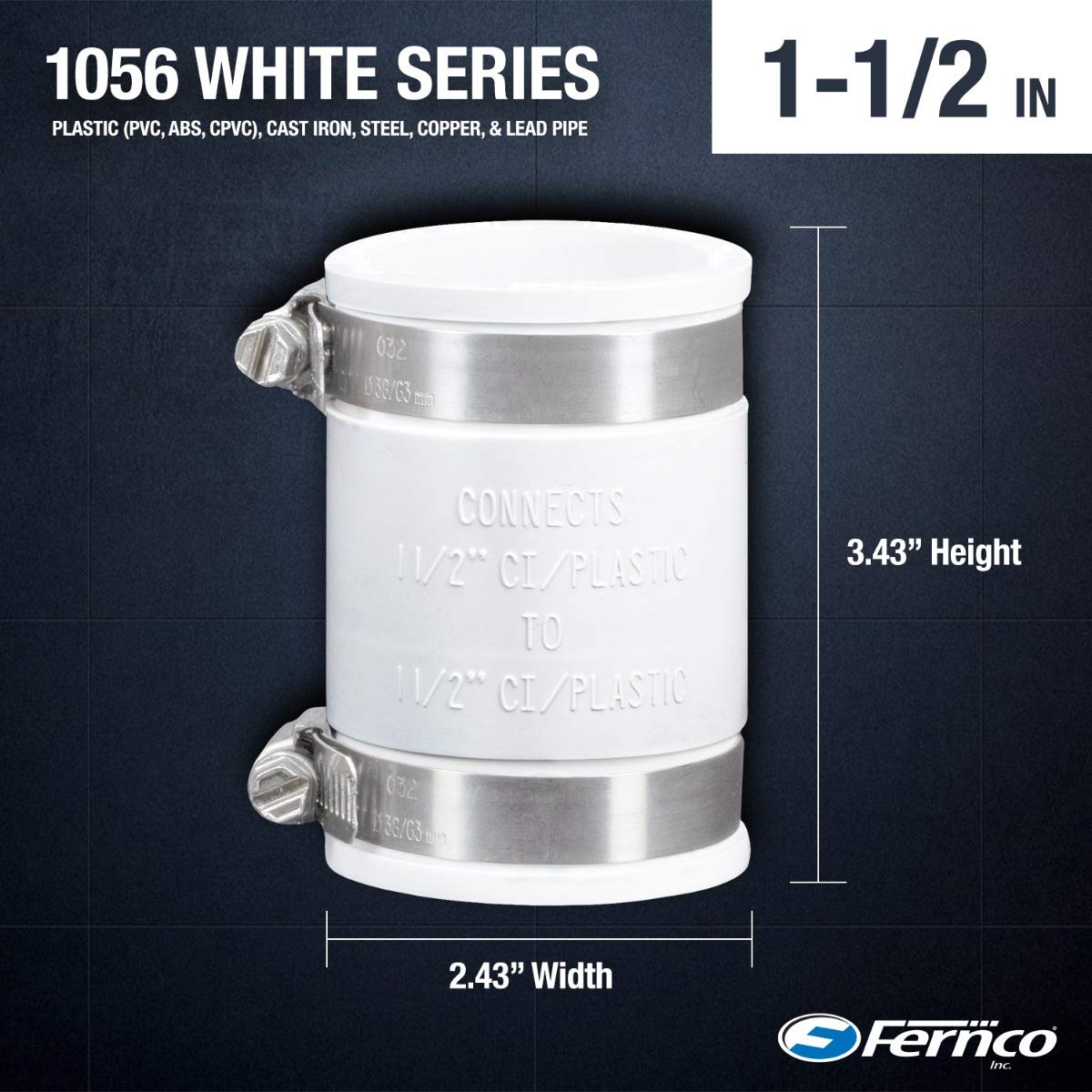 1056-150 1-1/2-in. Flexible PVC Pipe Coupling for Cast Iron and Plastic Plumbing Connections in White (Pack of 2) by Fernco – 1.5 Inch (Pack of 2), White, Model 1056-150W