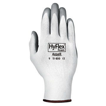 HyFlex Foam Gloves by Ansell – Size 8, Nitrile-Impregnated Fabric, White/Gray, Pack of 12, Model 11-800-8