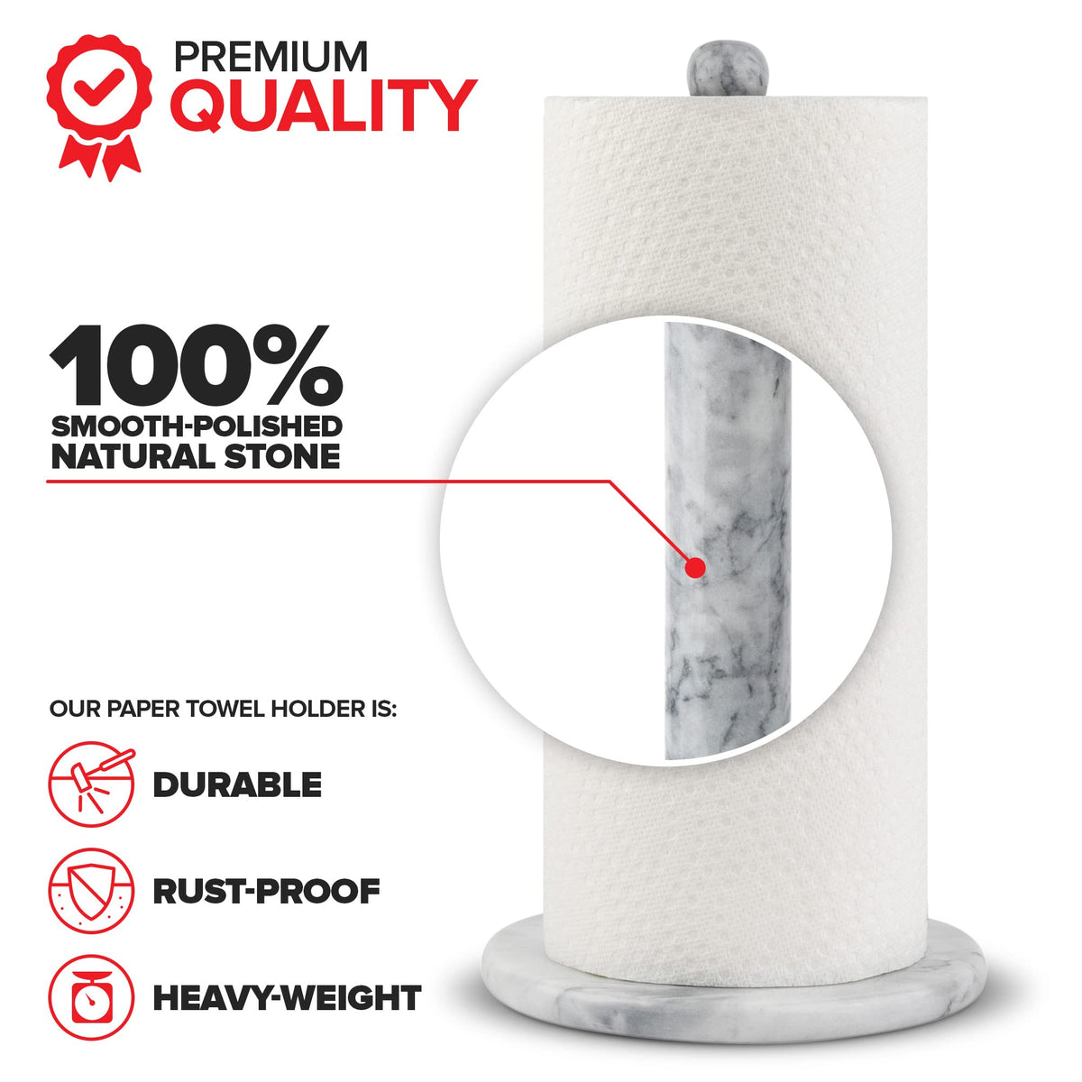 Marble Paper Towel Holder Countertop Stand in White by Modern Innovations – 6.75" Diameter x 12.5" Height, Marble, Model 1295