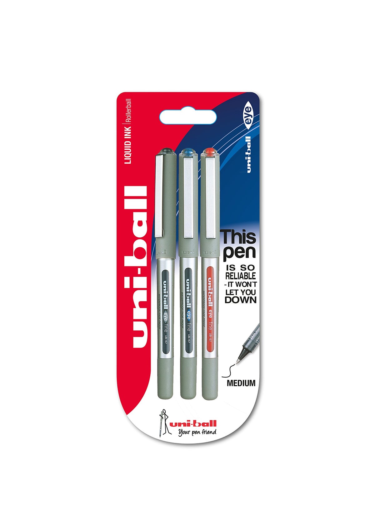 Eye Fine Rollerball Pens by Uni-Ball – 1 Count (Pack of 3), Stainless Steel, Blue, Black, Red, Model 153529308