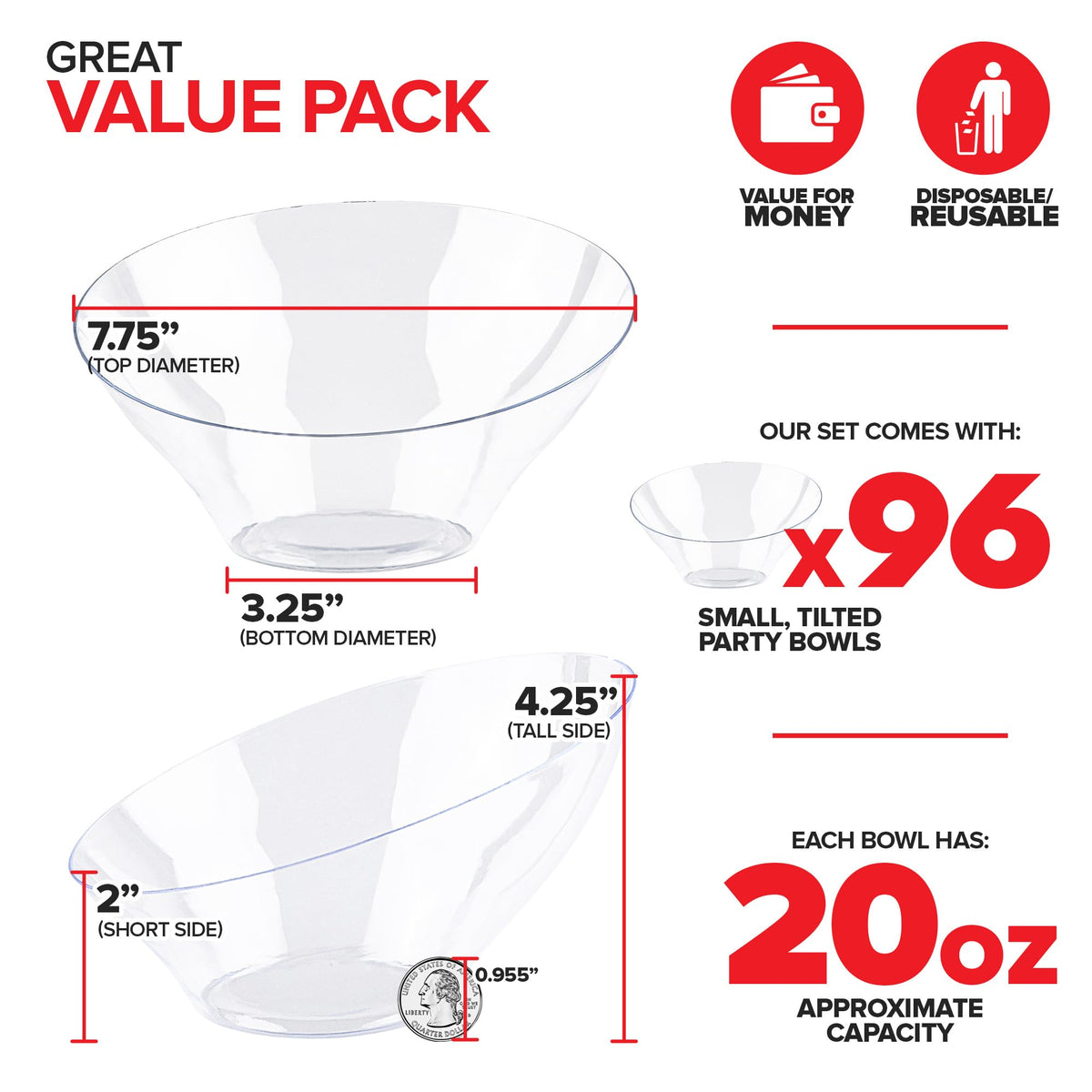 20oz Clear Plastic Serving Bowls (96 Pack) Medium Disposable Candy Dishes by Stock Your Home – 4 Pack Pack of 24, 20.0 ounces, Plastic, Clear, Pack of 96