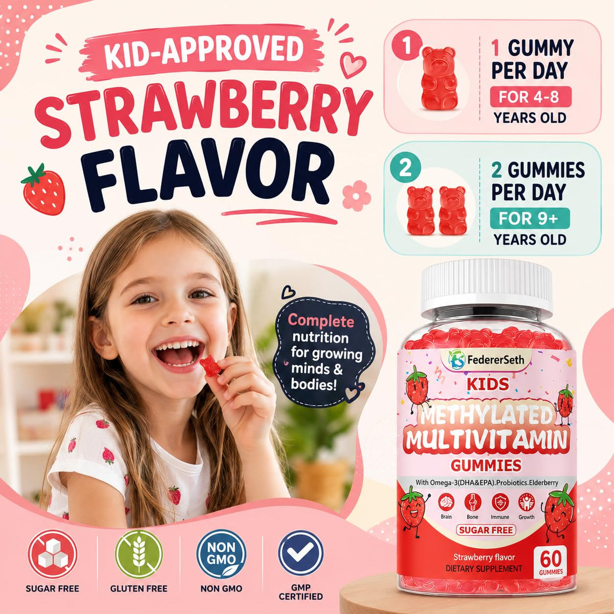(2 Pack) Methylated Multivitamin Kids Gummies + Omega by FedererSeth – 60 Count (Pack of 2)
