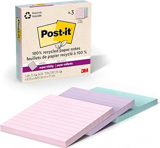 Post-it 100% Lined Recycled Super Sticky Notes, 3 x 3 in, Pastels, 18 Pads