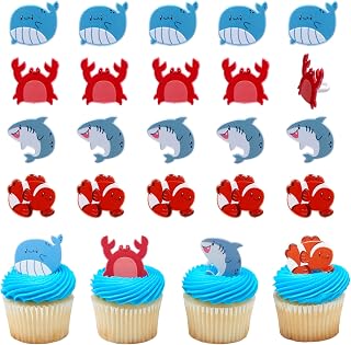 24 x Beach Buddies Cupcake Toppers | DecoPac Cute Cupcake Rings With Whales, Crabs, Shark, Clown Fish | For Beach, Pool, Summer Party - 24 Pack
