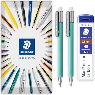 STAEDTLER 2x Green Graphite 777 Mechanical Pencils & 0.5mm HB Leads | Refillable, for Writing, Sketching, Technical Drawing & Office Use