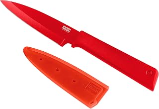 Kuhn Rikon Colori+ Non-Stick Straight Paring Knife with Safety Sheath, 4 inch/10.16 cm Blade, Red