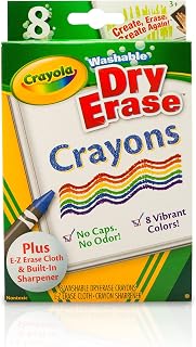 Crayola Washable Dry Erase Crayons for Kids 8ct with Eraser & Sharpener | Includes Eraser Mitt & Sharpener, Classroom Supplies for Teachers