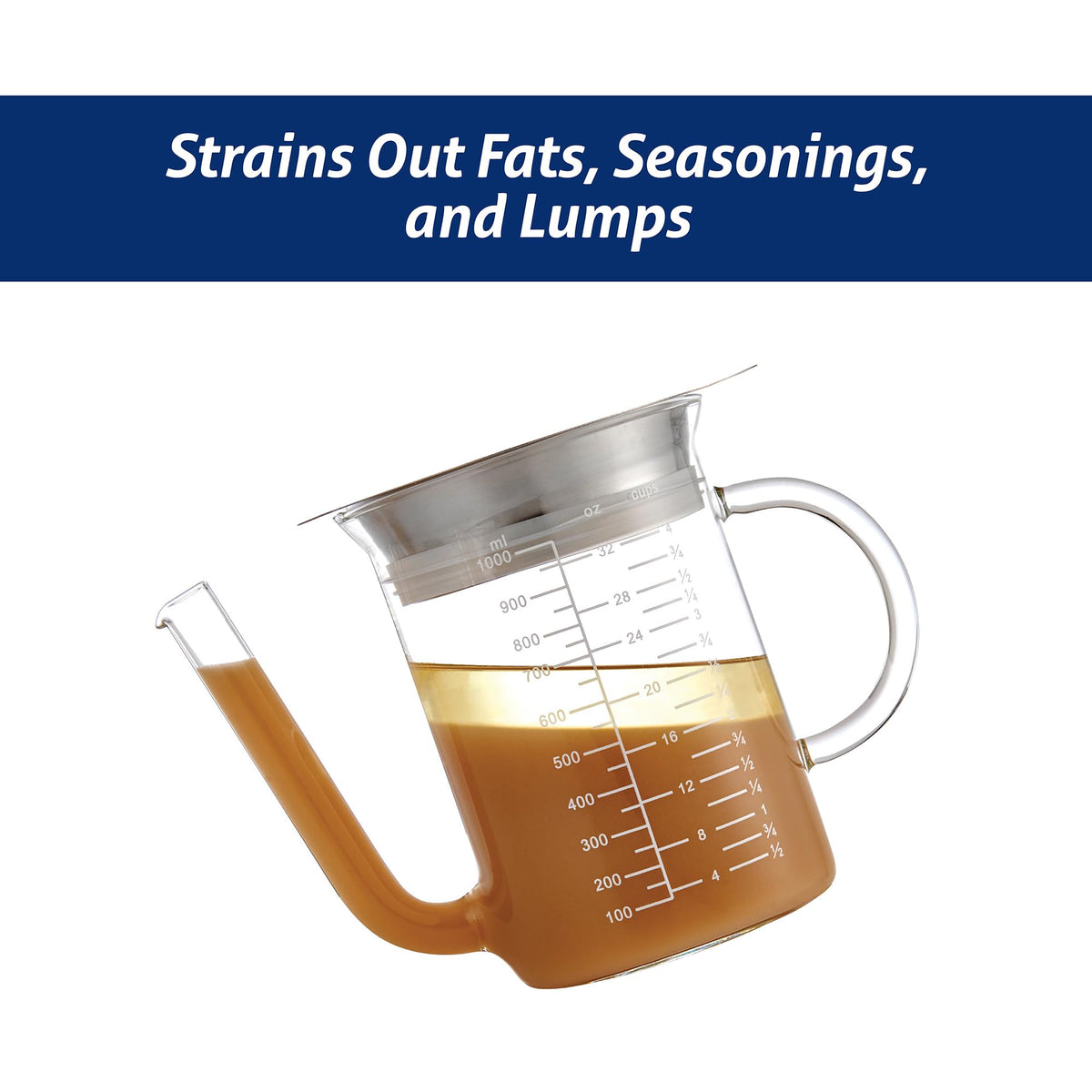 HIC Kitchen Fat Separator Pitcher, Borosilicate Glass, 32 Ounces, Clear