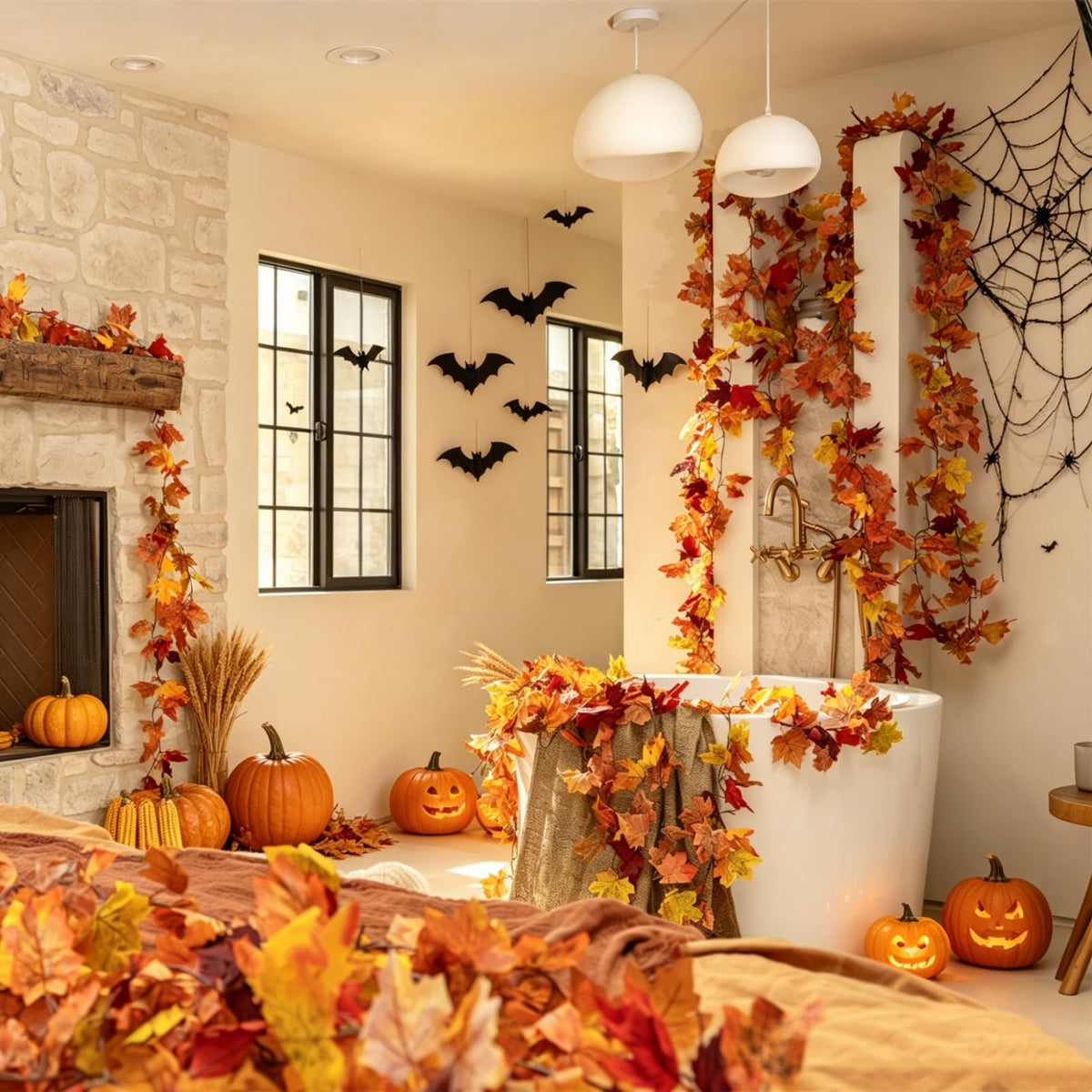 CQURE Artificial Fall Leaf Garland, 76.7 Ft Total Length, Orange Maple
