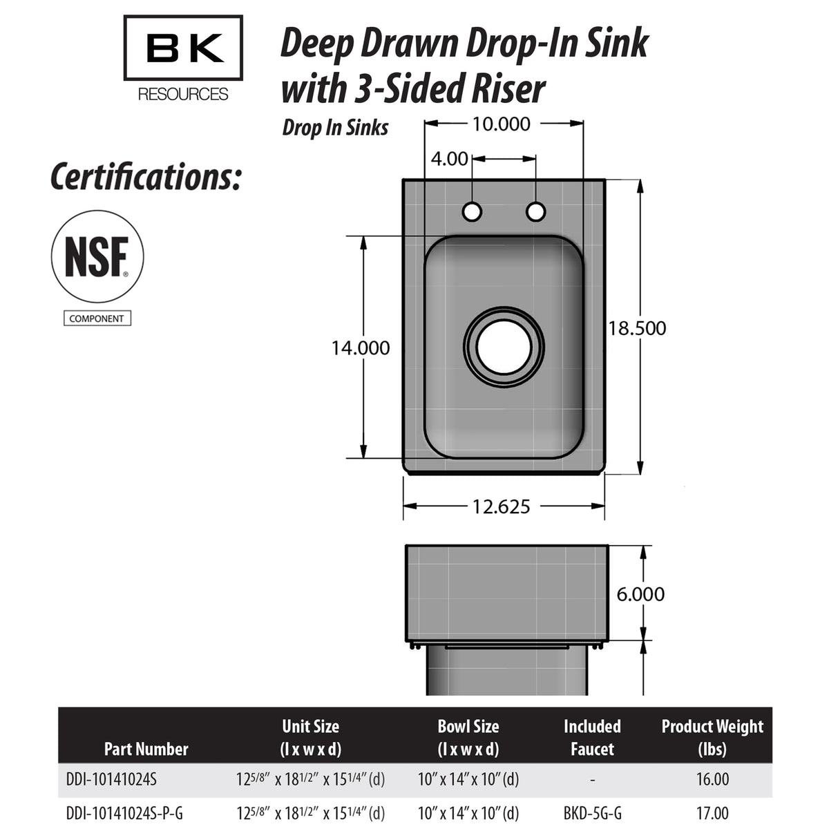 BK Resources NSF Commercial One Compartment Drop in Sink with Faucet – Stainless Steel, Silver, Model DDI-10141024S-P-G