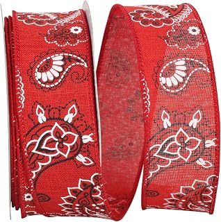 Reliant Ribbon Bandana Linen Wired Edge Ribbon, 1-1/2 Inch X 10 Yards, Red