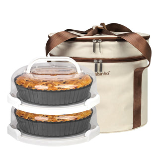 Ronalsinho Pie Carrier Set with Lid and Bag, Holds Two 10-Inch Dishes, Beige