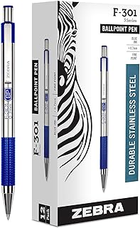 Zebra Technologies Zebra F-301 Ballpoint Stainless Steel Retractable Pen, Fine Point, 0.7mm, Blue Ink, 1-Count (12)