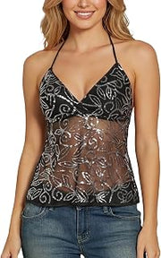 Women's Glitter Sequin Mesh Sheer Halter Top Summer Tie Backless Y2K Crop Tops