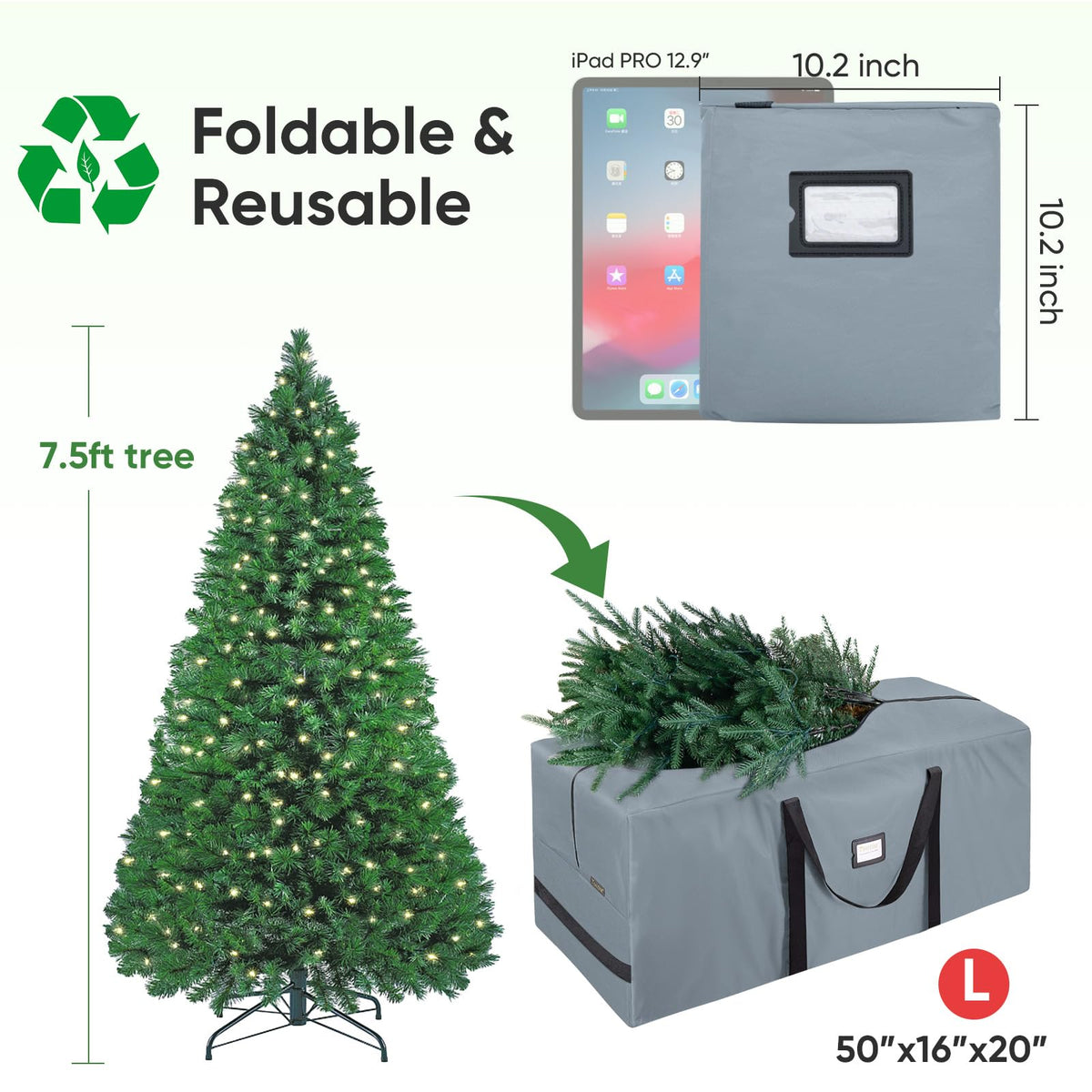 Baleine Christmas Tree Storage Bag, 900D Oxford Canvas, 7.5 Foot, Grey
