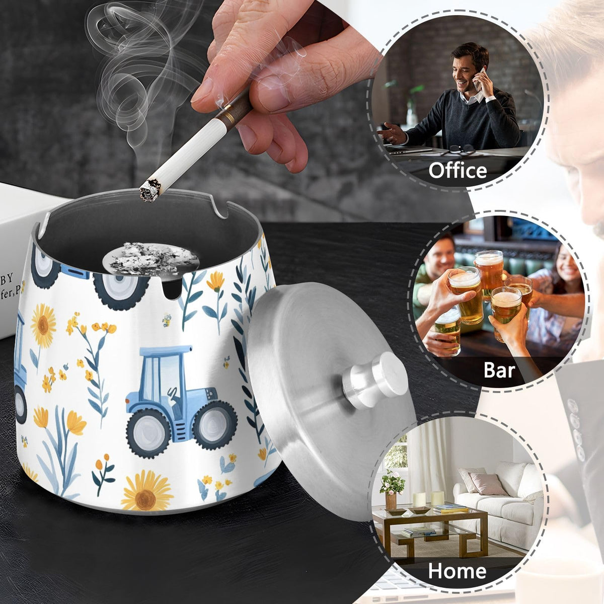 Blue Tractor Sunflower Pattern Splash Ashtray with Lid by ALAZA – Stainless Steel, C4736, Model g541054987p1082c1149s2657