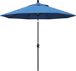 California Umbrella 9' Round Aluminum Market Umbrella, Crank Lift, Push Button Tilt, Black Pole, Pacifica Capri