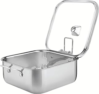 Tramontina Grain Square Stainless Steel Casserole with Lid Holder Triple Body with Handles and Glass Lid 7.3 L