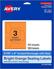 Avery Printable Sealing Labels, 5-7/8" x 4", Bright Orange, Sure Feed Technology, Print-to-The-Edge Capability, Laser/Inkjet Printer Compatible, 120 Total