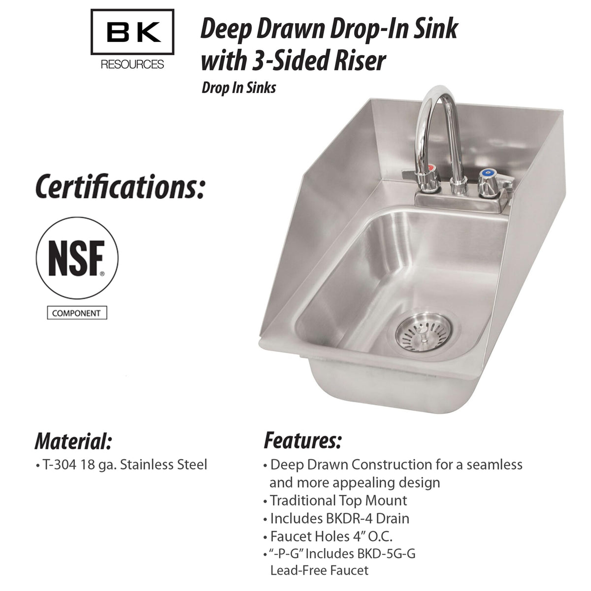 BK Resources NSF Commercial One Compartment Drop in Sink with Faucet – 10 x 14 x 5 inches, Stainless Steel, Silver, Model DDI-1014524S-P-G