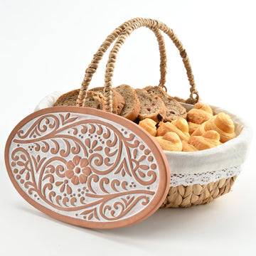 XPLI Bread Warmer Basket with Stone, Terracotta and Wicker, Rustic